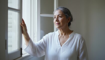 Mature woman looking out a window in a moment of reflection. Contemplative senior dealing with menopause and aging. Hope for the future concept