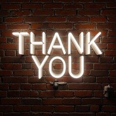 THANK in bright white neon letters lights up textured red brick wall. Glowing sign expresses appreciation, gratitude, good wishes. Creates warm, inviting, positive atmosphere. Perfect visual thank