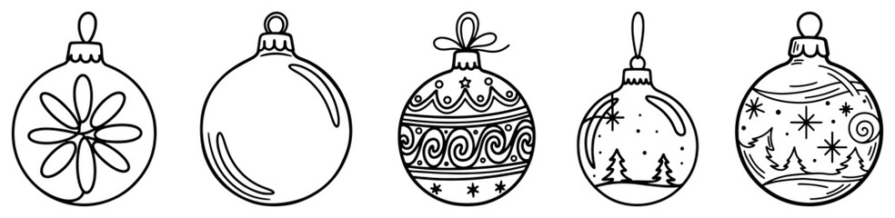 Christmas ball ornament vector set collection featuring hanging baubles with different patterns in black outline sketch style