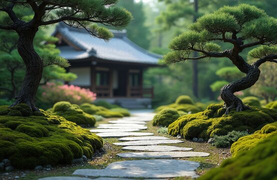 Winding stone path guides through serene Japanese garden. Green moss blankets ground around ancient sculpted bonsai pine trees. Traditional Asian temple building stands peacefully in background.