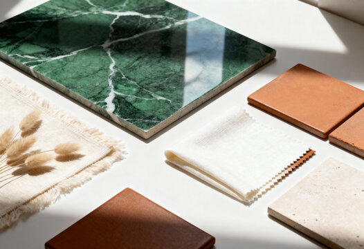 A mood board of natural interior design material samples. Flat lay of green marble, terracotta tiles, and fabric swatches in direct sunlight. Home renovation and architecture concept