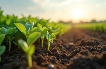 Small green plants grow in dark fertile soil. Young soybean sprouts line organic agricultural field. Sunlight illuminates new life in farming. Rows of crops thrive under warm golden light, future