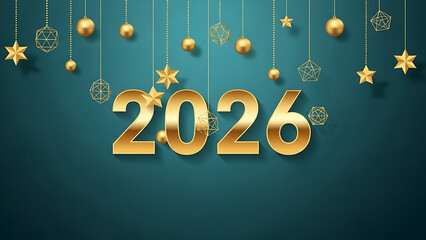 Golden 2026 number with hanging ornament decoration