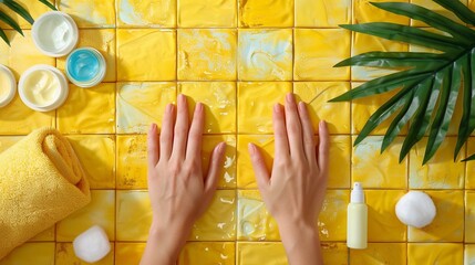 Woman's hands apply moisturizer cream in the bathroom, on yellow color tiles background with cotton cosmetic supplies, handcream, a towel and fresh palm leaf. Skincare concept.