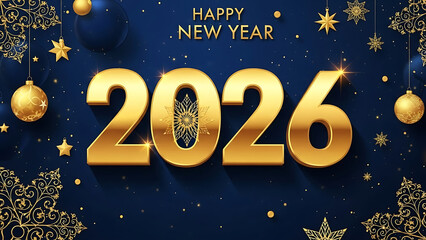 Happy new year 2026 golden text on dark blue background