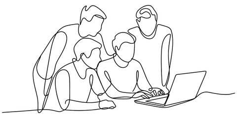 Continuous line drawing of a diverse business team actively collaborating on a shared project using a laptop, symbolizing modern teamwork, discussion. Vector, illustration
