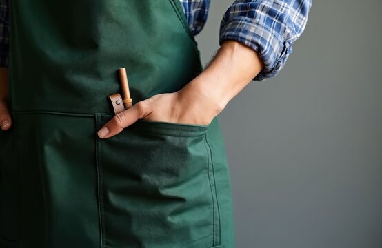 Person with hand in green apron pocket. Man wears plaid shirt. Pocket holds wood tool. Professional attire for artisans cooks or gardeners. Stylish uniform at workplace or service sector.