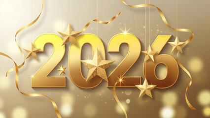 Golden 2026 number with star and ribbon decoration