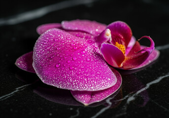 Vibrant Pink Orchid Petals with Dew Drops on Black Marble