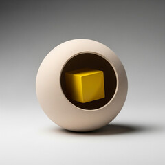 Bright Yellow Cube Inside Beige Spherical Shell
