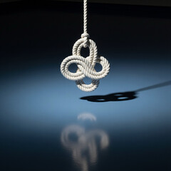 White Celtic Knot Suspended Over Reflective Blue Surface