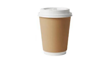 Blank Kraft Paper Takeaway Coffee Cup with White Lid, Isolated PNG on Transparent Background