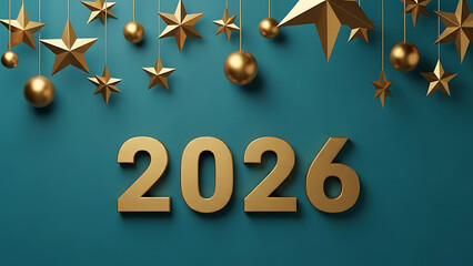 Golden 2026 number with hanging star and ball ornament
