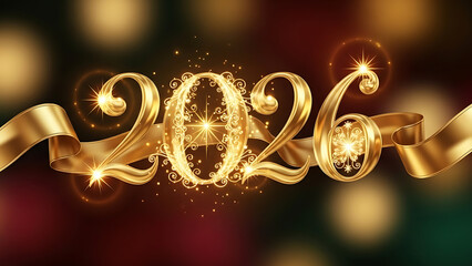Golden 2026 number design with sparkling ribbon effect