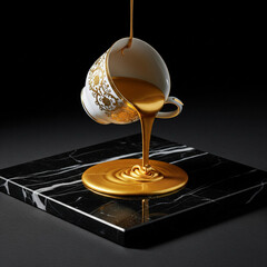 Gold Pouring from a Porcelain Tea Cup onto Marble