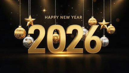 Golden 3d number 2026 with hanging ornament decoration