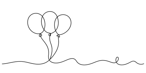 Continuous line drawing of three festive balloons floating on a bright background, representing celebration, joy, and lightheartedness. Vector, illustration
