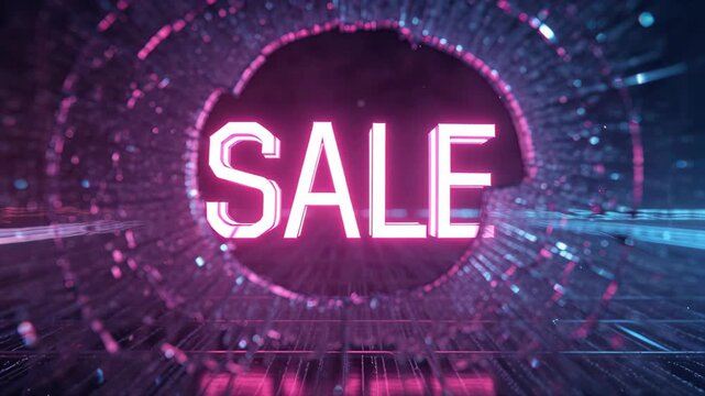 Neon sale sign glowing with abstract particles and glowing lines effect. Promotional event animation for discount advertising.