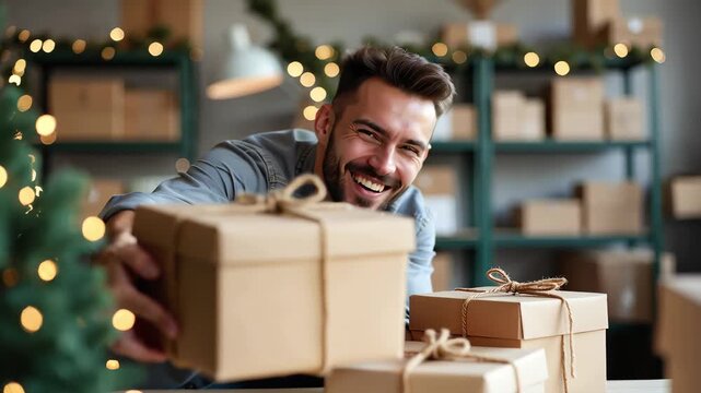 Happy man arranging Christmas gift boxes on table in warehouse, festive holiday present preparation.