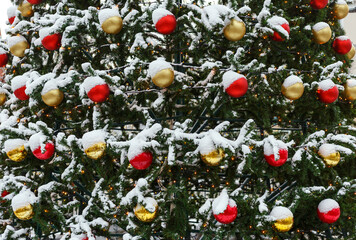 Christmas tree in the snow, decorated with red and gold Christmas balls. New Year's Eve, festive...