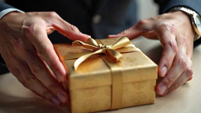 Man adjusting a golden gift box with a bow on top of a wooden table for celebration and surprise concept