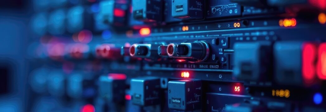 electronic equipment with illuminated buttons and dials. The scene features a dark background with blue and red lights, emphasizing a high-tech environment