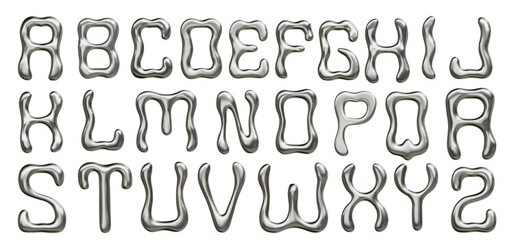  Shiny metallic liquid alphabet set with reflective chrome texture and futuristic fluid letter shapes isolated on transparent background.
