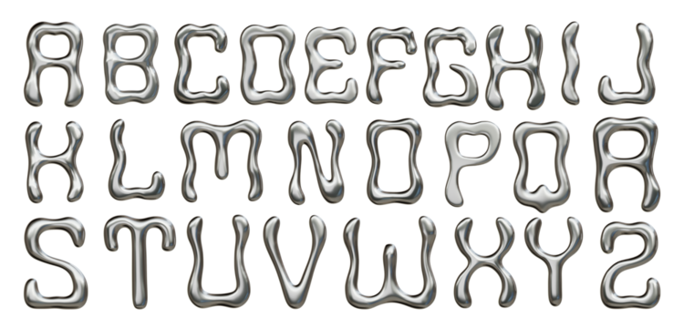 Shiny metallic liquid alphabet set with reflective chrome texture and futuristic fluid letter shapes isolated on transparent background.
- Powered by Adobe