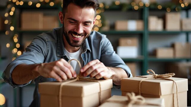 Man tying bow on gift box with string, preparing holiday packages for shipment. Small business Christmas concept.
