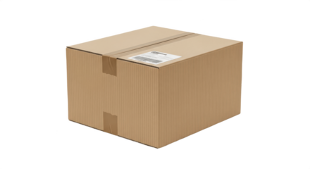 Blank Brown Cardboard Shipping Box Closed with Tape, Isolated PNG on Transparent Background