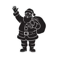 Cheerful Santa Claus waving hello, carrying sack full of gifts, festive holiday spirit, ideal for Christmas cards and seasonal promotions, scalable vector