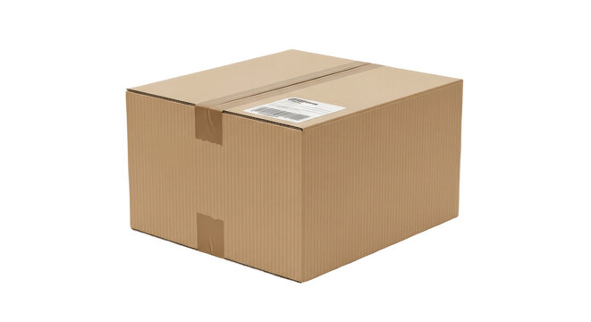 Blank Brown Cardboard Shipping Box Closed with Tape, Isolated PNG on Transparent Background