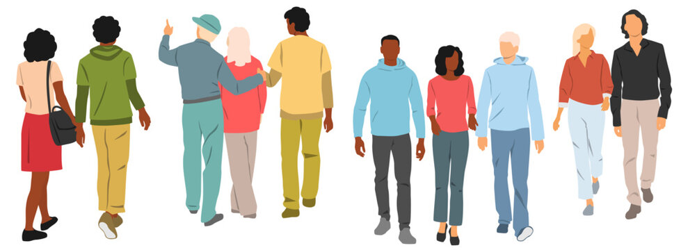 Young people walking and talking, set of men and women, vector silhouettes of friends, profile, front and back views, different colors, cartoon character, flat icon, design concept, isolated on white 