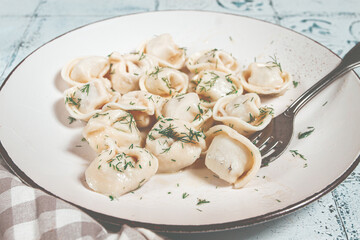 homemade dumplings, on a plate, with herbs on a rustic table