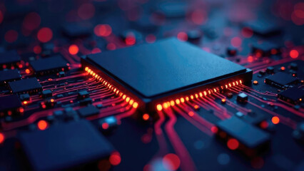Glowing electronic circuits of a microchip on a dark background emphasizing complex structure. Concept of innovative technology for scientific presentations and IT marketing
