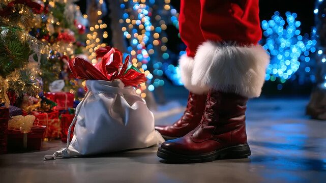 Low-angle faceless shot showing Santa&rsquo;s boots and bag of gifts illuminated by ambient lights, background intentionally blurred, with copy space