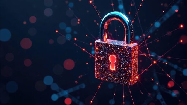 Electronic padlock with illuminated keyhole on board with microchips and colored indicators. Symbolic representation of information security in technological environment