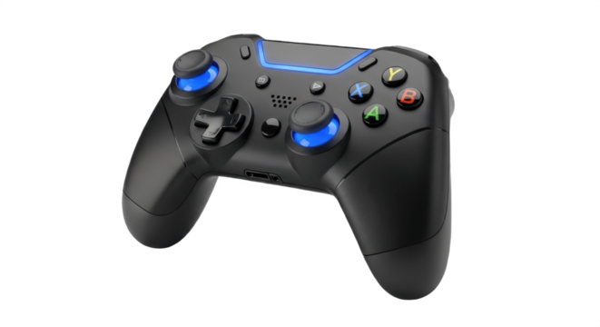 Black Wireless Gaming Controller with Blue Joysticks and LED Light, Isolated PNG on Transparent Background