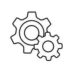 Illustration of two interlocking gears in black outline on transparent background