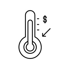 Thermometer indicating decreasing cost with dollar sign on transparent background