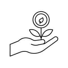 Hand holding a plant with leaf in circular shape icon on transparent background