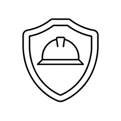 Outline drawing of hard hat inside a shield shape icon on transparent background