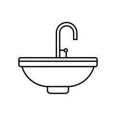 Outline drawing of a bathroom sink with faucet above on transparent background