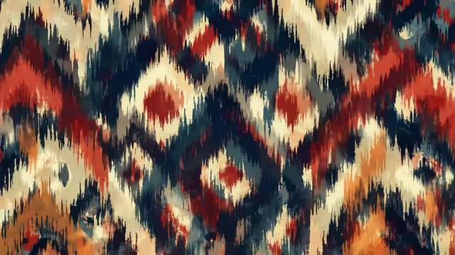 Blurred chevron pattern with jagged edges in warm and cool tones in a repeating, tribal-inspired abstract style