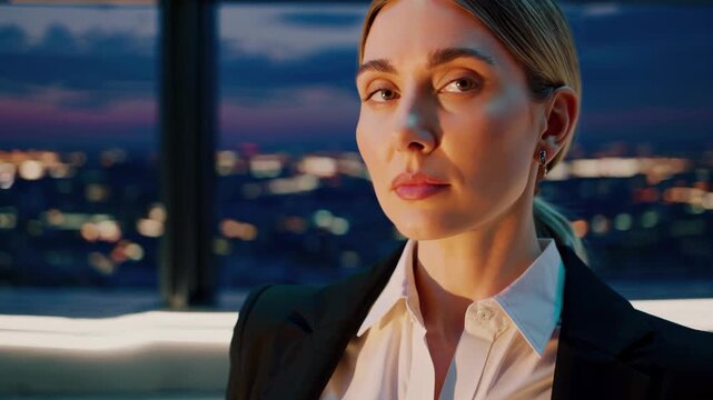 Businesswoman standing in an office with a city night skyline view, contemplating future success and leadership, showcasing a professional and empowered executive