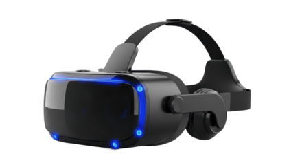 Modern Black Virtual Reality (VR) Headset with Blue LED Accents, Isolated PNG on Transparent Background