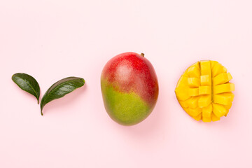 Flat lay with mango on color background, top view