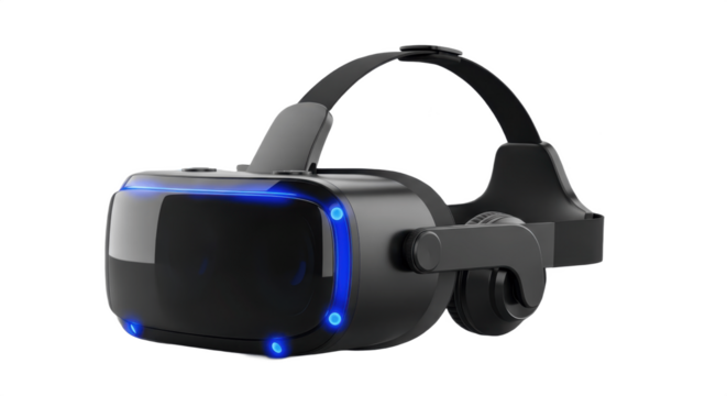 Modern Black Virtual Reality (VR) Headset with Blue LED Accents, Isolated PNG on Transparent Background