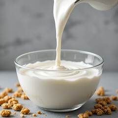Milk yogurt white color pour into white glass bowl close-up. Stream of cream falling into bowl. Dairy products. Fresh pasteurized cream pouring into bowl to combine with granola for breakfast