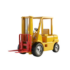 Yellow forklift truck with red forks, an essential piece of equipment for warehouse logistics, isolated on transparent background